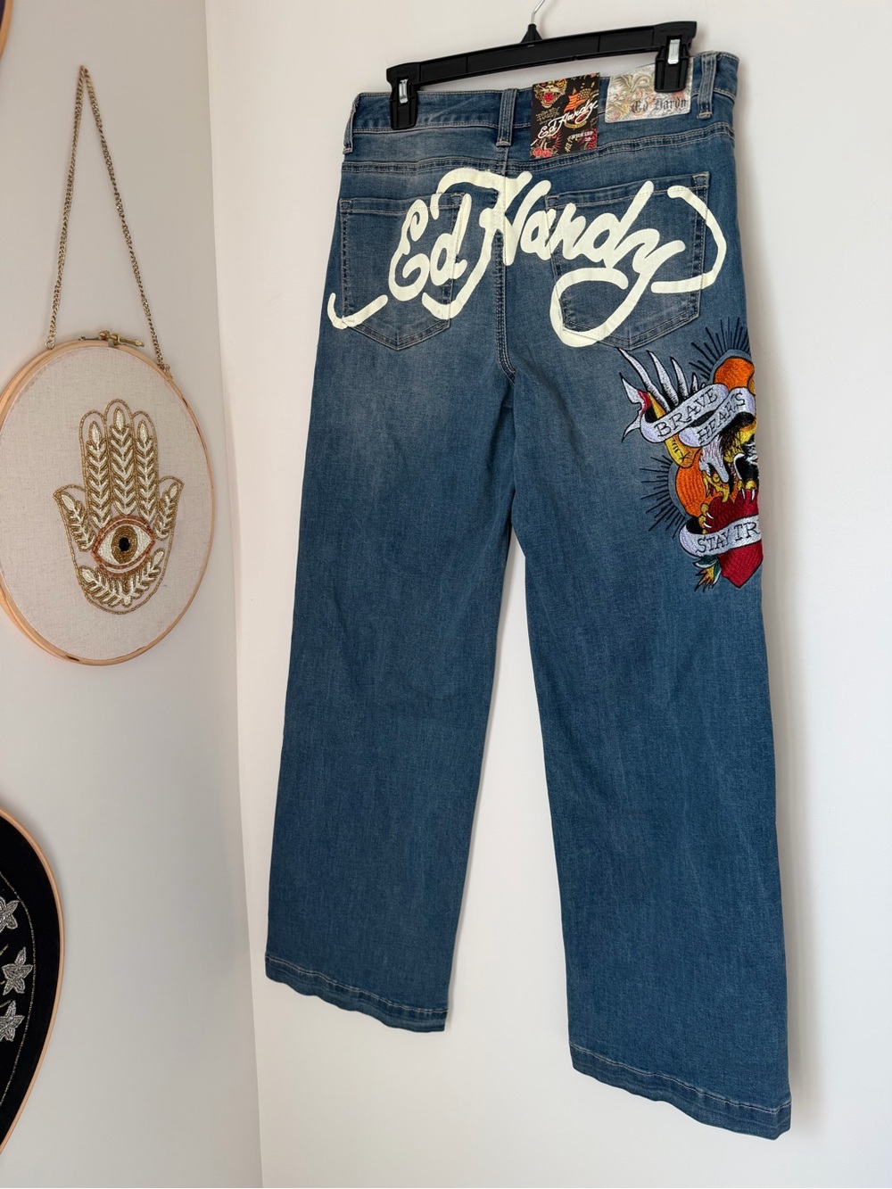 Ed Hardy Blue Wide-Leg Jeans with brave hearts Embroidered Graphic